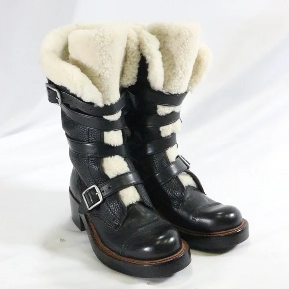 COACH Moto Shearling Pebbled Leather Buckle Boots NEW Sz 5 US Wmn - Picture 2 of 8